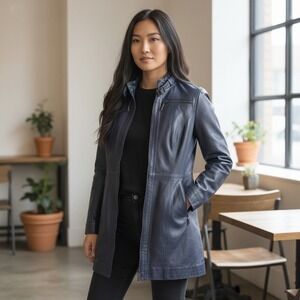 Jessica London Navy Blue Leather Car Coat Jacket Womens Sz 16 Full Zip Buckle